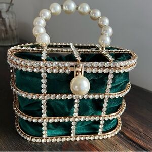 Cariedo Green Gold Pearl Handle Rhinestone Embellished Bag